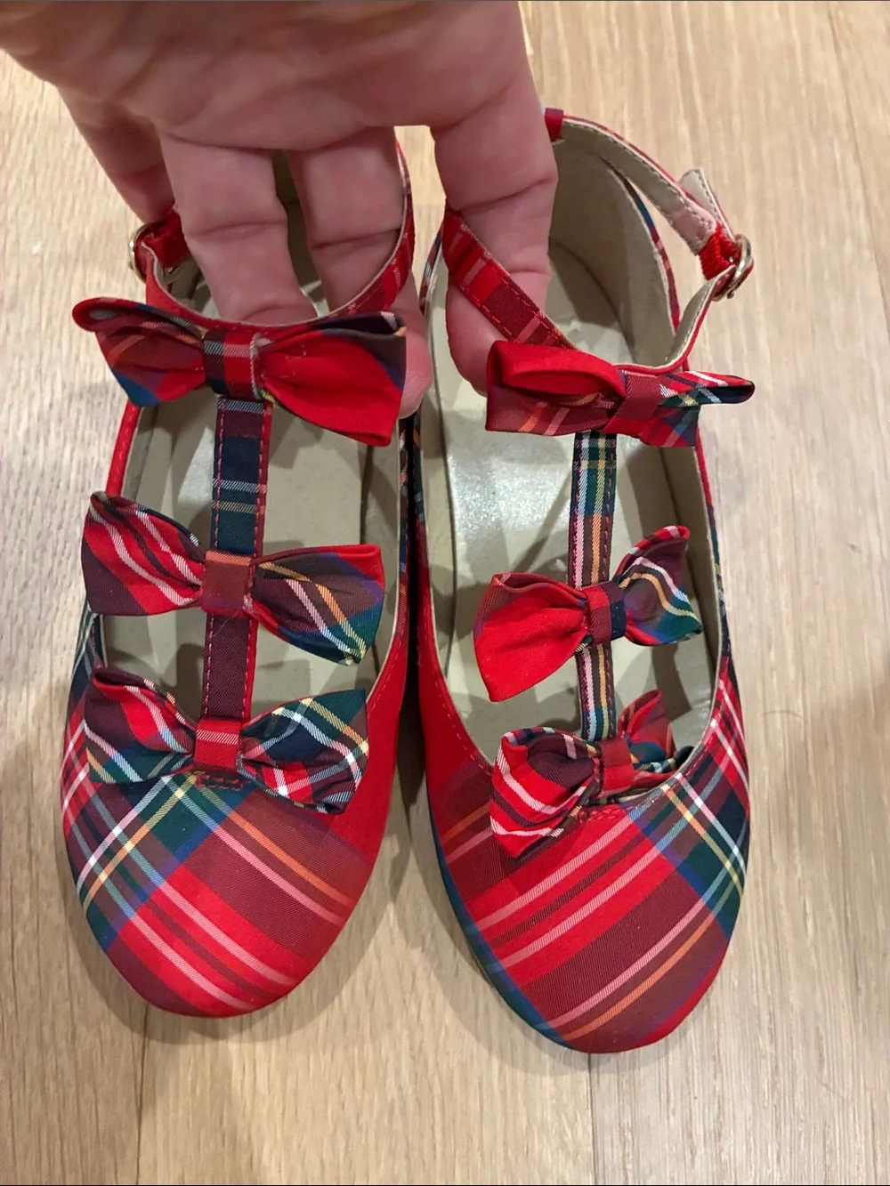 Janie and Jack girls Red Plaid Bow Strap Flats Christmas, holiday